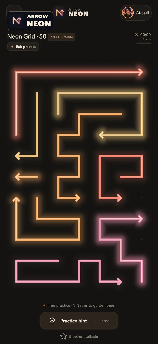 Actual Arrow Neon gameplay: a board of warm, glowing arrows ready to untangle