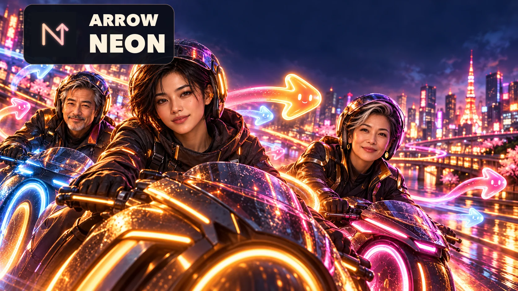 Arrow Neon’s glowing arrows and neon-lit Tokyo riders