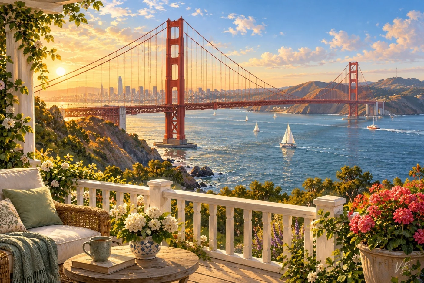 Word Porch’s sunny terrace overlooking the Golden Gate Bridge