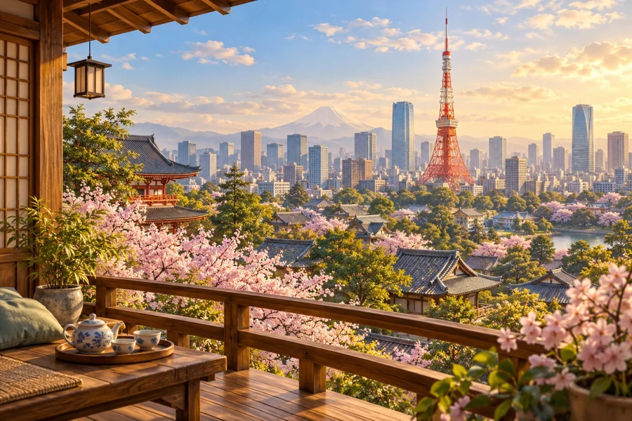 Word Porch’s imagined Tokyo porch scene, with a view across the city.