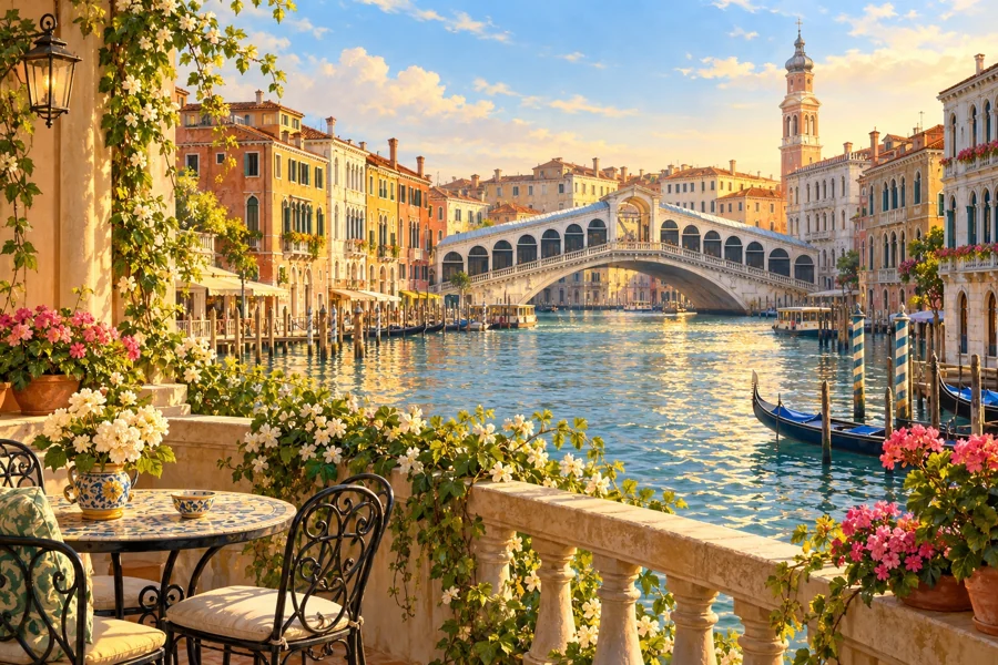 A flower-filled terrace looking onto a canal in Venice.